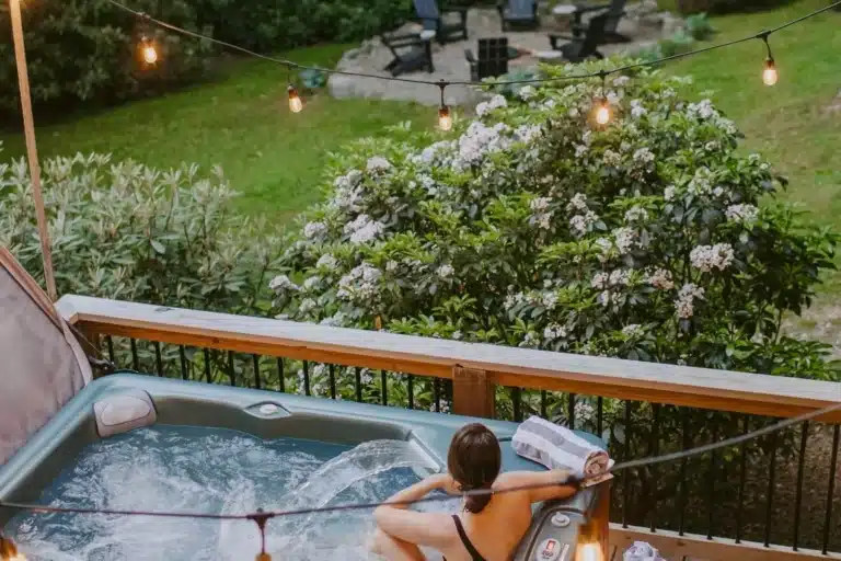 Private hot tub on lower deck at Hemlock Hill Cabin, Blowing Rock NC