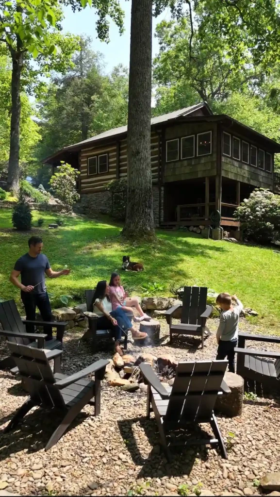 Family log cabin rental Blowing Rock NC with fire pit in large yard
