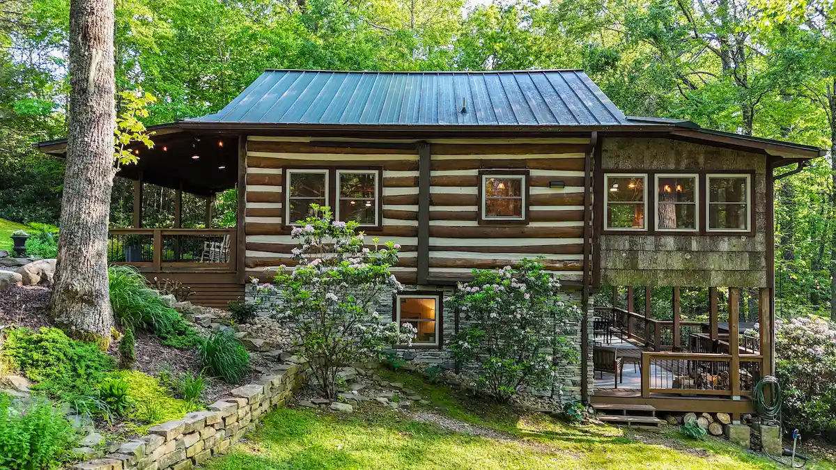 Hemlock Hill Log Cabin Exterior Side View with Stone Foundation Blowing Rock NC